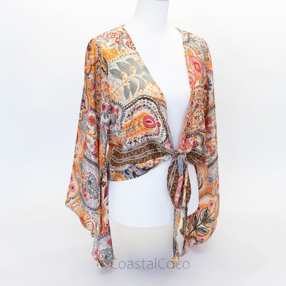 Ale-Hop Wrap Tie Crop Top One Size Flare Brocade Artsy Flowy Silky Floral Hippie - Picture 2 of 9